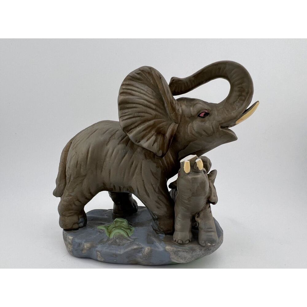Vintage Decorative Ceramic Elephant with Baby Figurine Sculpture Animal Figurine